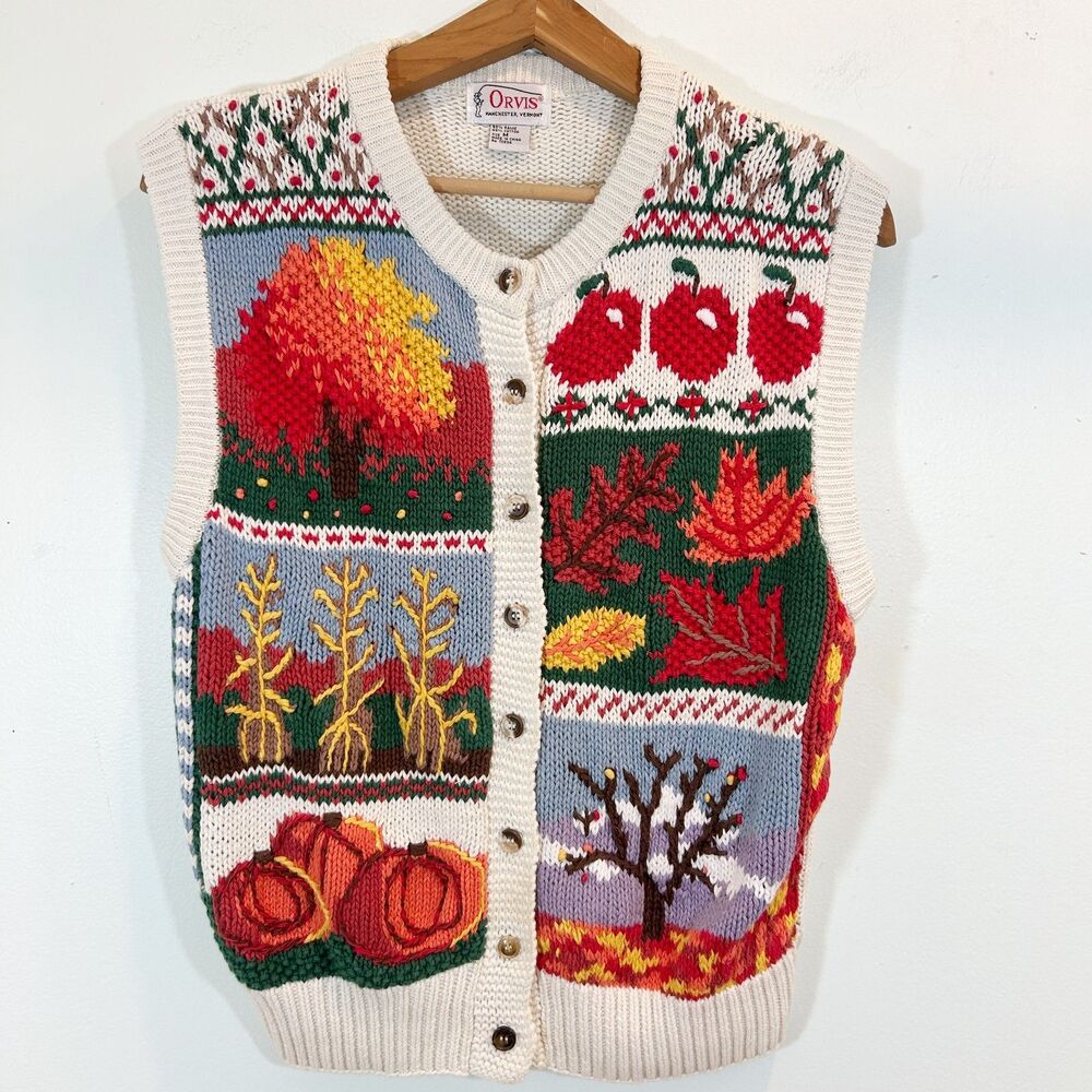 Orvis Harvest Fall Pumpkin Holiday Sweater Vest Cotton Size Medium